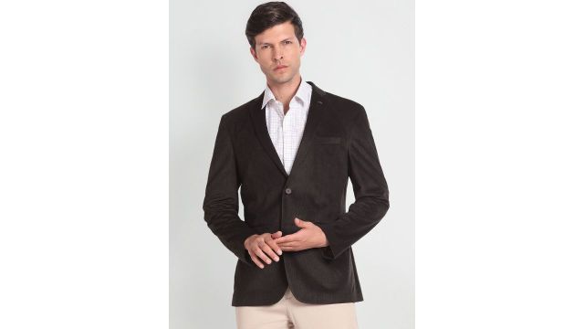 Arrow Notched Lapel Collar Corduroy Knit Single Breasted Formal Blazer