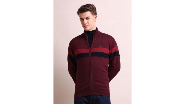 Arrow Sport Mock Collar Striped Pure Cotton Front-Open Sweaters