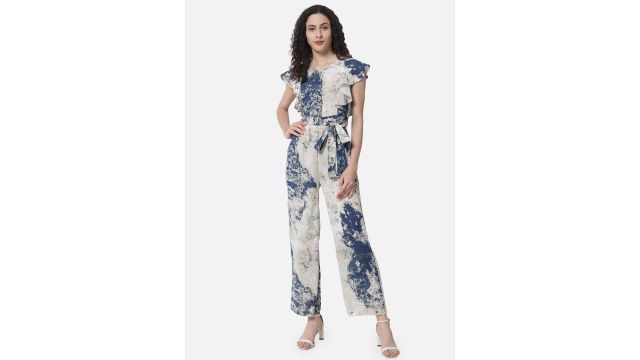 BAESD Abstract Printed Ruffled Waist Tie-Up Basic Jumpsuit