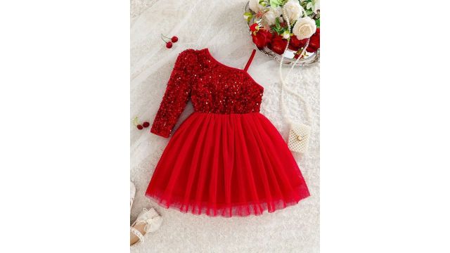 BAESD Girl Sequined Embellished One Shoulder Tulle Fit & Flare Dress