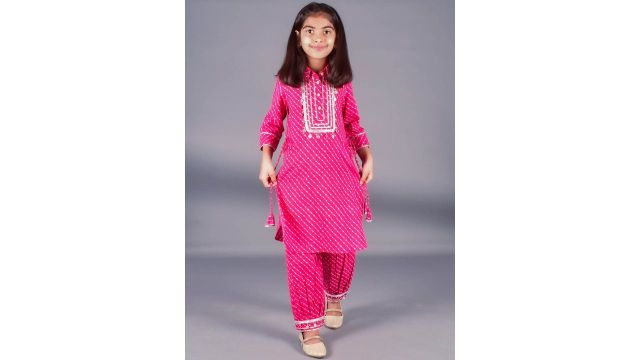 BAESD Girls Leheriya Printed Pure Cotton Kurta with Pyjamas (Pink)