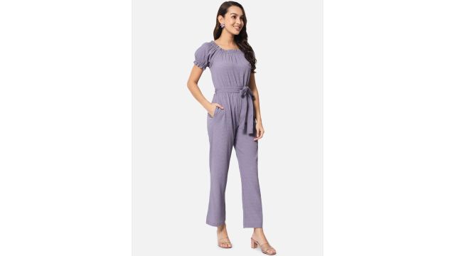 BAESD Puff Sleeves Square Neck Waist Tie-Up Basic Jumpsuit