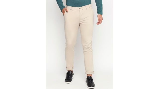 Basics Men Beige Solid Cotton Tapered Fit High-Rise Trousers