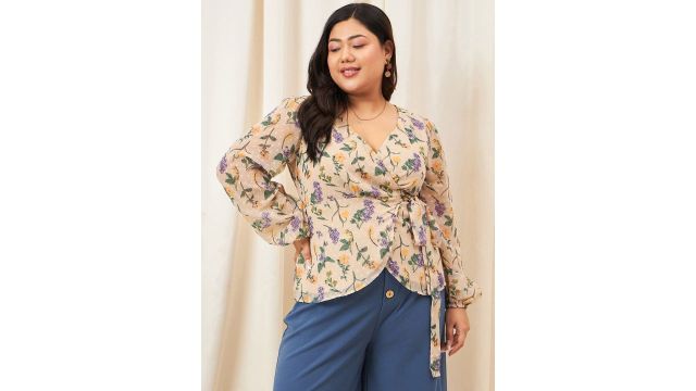 Berrylush Curve Plus Size Floral Printed Puff Sleeves Georgette Wrap Top