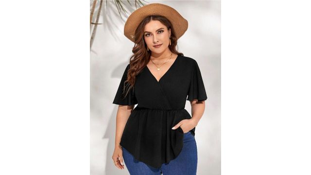 Berrylush Women V-Neck Flutter Sleeve Peplum Top