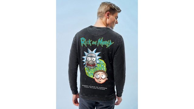 Bewakoof Black Rick and Morty Printed Round Neck Long Sleeves Cotton Pullover Sweatshirt