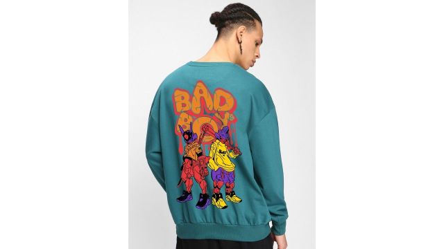 Bewakoof Pullover Typography Printed Applique Round Neck Ribbed Oversized Sweatshirt