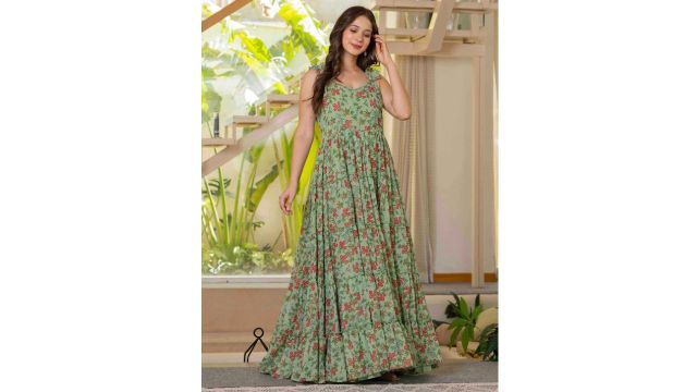 Bunai Dhaga Women Floral Printed Flutter Sleeves Tiered Maxi Dress