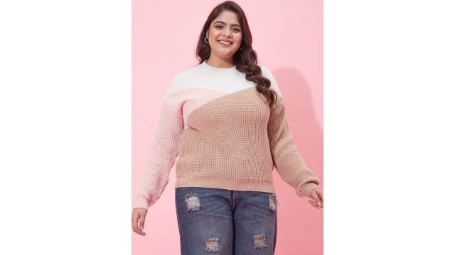 CURVY STREET Women Plus Size Colourblocked Acrylic Pullover