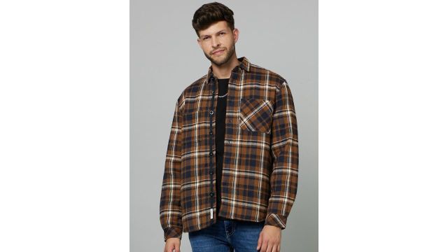 Celio Men Checked Utility Pockets Spread Collar Regular Cotton Tailored Jacket