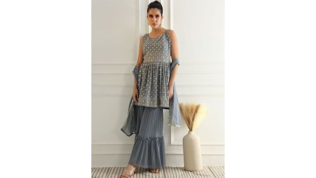Chhabra 555 Embroidered Peplum A-Line Kurti With Sharara And Dupatta