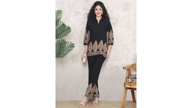 ClauraPrinted Shirt Collar Tunic With Trousers Co-Ords