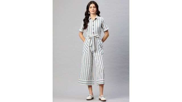 Cottinfab Striped Shirt Collar Basic Jumpsuit