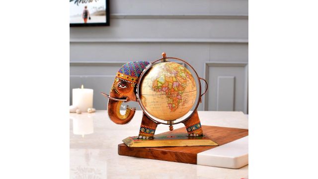 CraftVatika Home And Office Decorative Globe Metal Elephant Table Top Showpiece