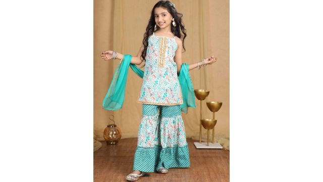 Cutiekins Girls Floral Printed Gotta Patti Kurta with Sharara & Dupatta (Off‑White)