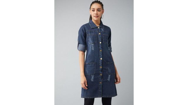 DOLCE CRUDO Women Washed Longline Denim Jacket