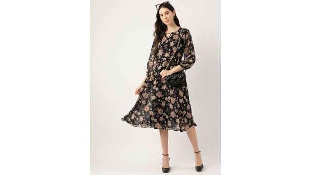 DressBerry Black Floral Fit & Flare Midi Dress (Georgette)
