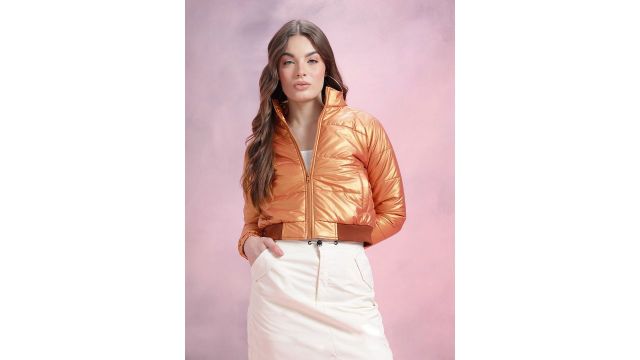 DressBerry Metallic Coated Mock Collar Crop Puffer Jacket