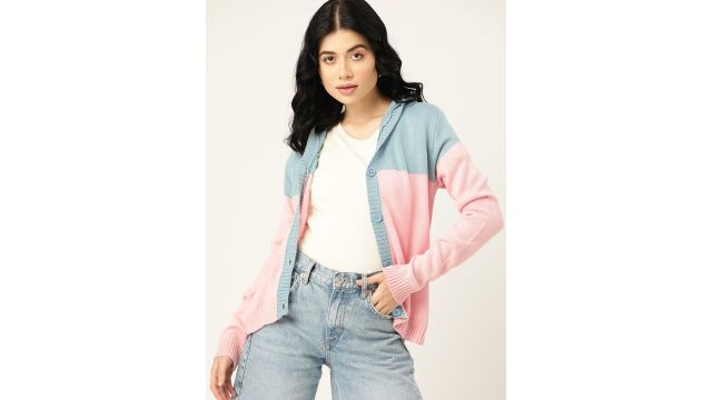 DressBerry Women Blue & Pink Pure Acrylic Colourblocked Hooded Cardigan