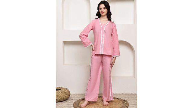 ETC Women Solid V-Neck Night suit with Lace Trim, Top and Pyjama, Sleepwear Loungewear
