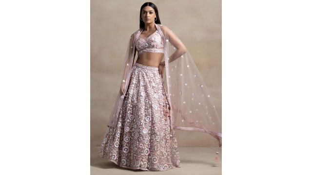 ETHNIC PLUS Embroidered Sequin Net Semi‑Stitched Lehenga with Unstitched Blouse & Dupatta