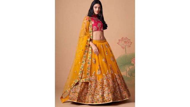 ETHNIC PLUS Embroidered Sequinned Net Semi-Stitched Lehenga & Blouse With Dupatta