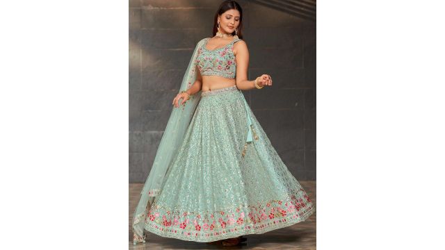 ETHNIC PLUS Women Embroidered Semi‑Stitched Lehenga & Unstitched Blouse with Dupatta