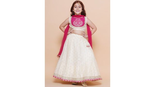 Embroidered Lehenga & Blouse with Dupatta (Off-White/Pink)
