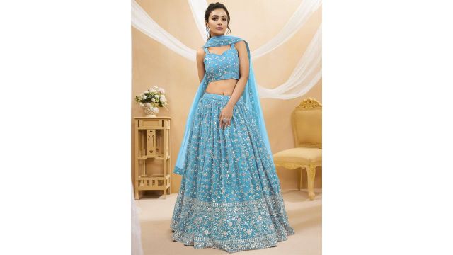 FABPIXEL Embroidered Sequinned Semi‑Stitched Lehenga Choli with Dupatta