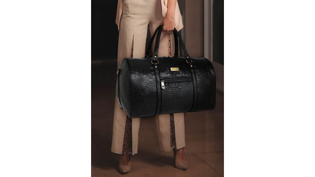 FUR JADEN Black Crocodile Textured Duffel Bag