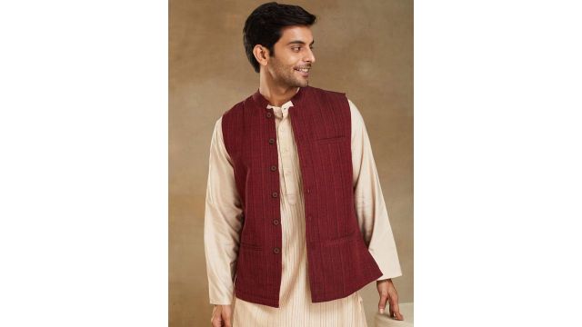 Fabindia Men Solid Mandarin Collar Pure Cotton Nehru Jacket