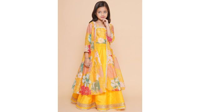 Floral Printed Lehenga & Blouse with Shrug (Yellow/White)