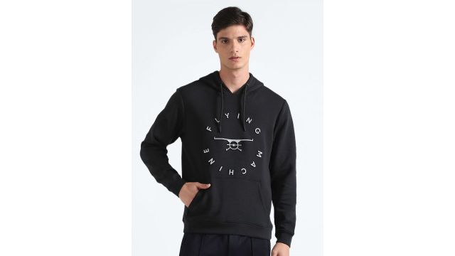 Flying Machine Typography Printed Hooded Pure Cotton Pullover Sweatshirt