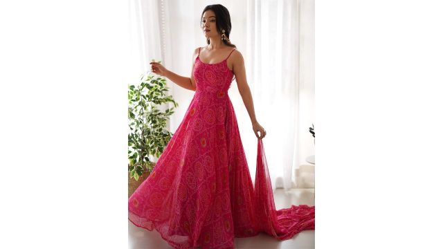 Fusionic Bandhani Printed Silk Anarkali Kurta With trouser & Dupatta