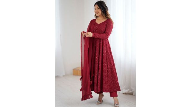 Fusionic Ethnic Motifs Embroidered Sequinned Georgette Kurta With Trousers & Dupatta