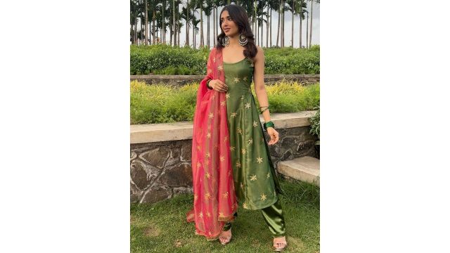 Fusionic Floral Embroidered Sequinned Silk Georgette Straight Kurta With Trouser & Dupatta