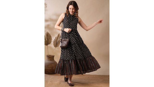 Globus Floral Block Print Mandarin Collar Tiered Fit & Flare Fusion Maxi Dress