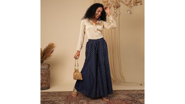 Globus Women Variegated Stripes Button Detail Mid-Rise Flared Fusion Palazzos