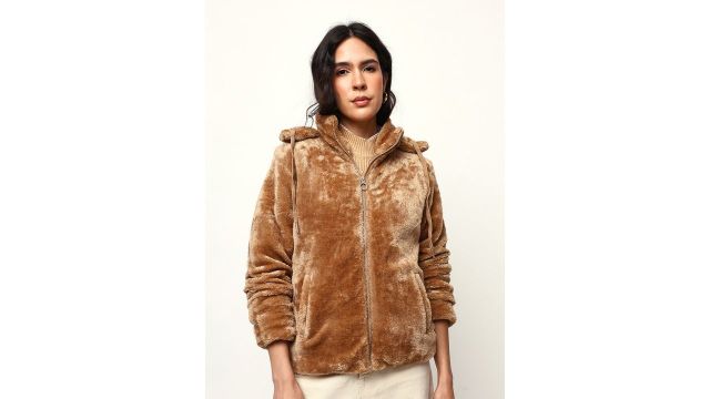 High Star Women Hooded Solid Faux Fur Casual Bomber Jacket