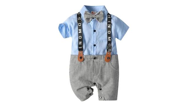 Hopscotch Baby Boys Half‑Sleeve Romper with Bow & Suspender (Blue)