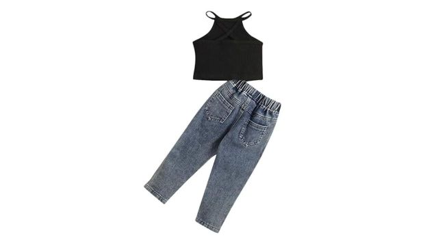 Hopscotch Girls Cotton Solid Slim Fit T‑shirt & Jeans Set (Black)