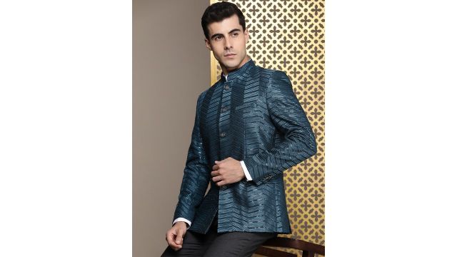 House of Pataudi Jashn Mandarin Collar Textured Sequinned Bandhgala Blazer