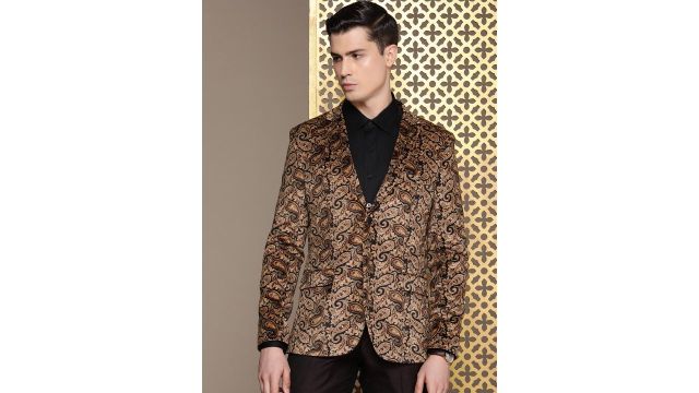 House of Pataudi Paisley Printed Single-Breasted Velvet Blazer