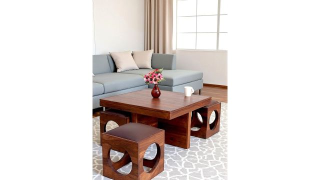 Ikiriya Sheesham Wood Accent Coffee Table Set – Provisional Teak (Table + Stools)