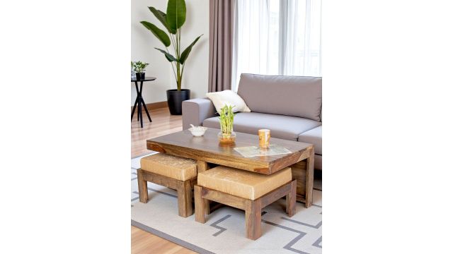Ikiriya Sheesham Wood Accent Coffee Table Set – Teak Finish (Rectangle + Cushioned Stools)