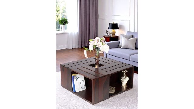 Ikiriya Sheesham Wood Accent Coffee Table – Dark Walnut (Square, 4‑Shelf)