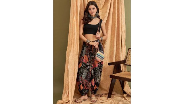 InWeave Multi Ethnic High‑Rise Loose Fit Harem Pants (Black/Orange)