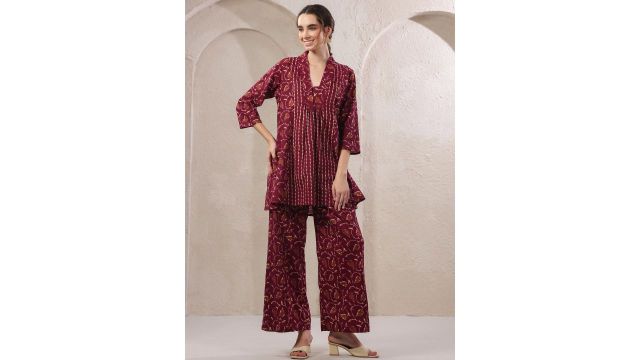 JISORA Printed V‑Neck Cotton Top With Trousers Co‑Ords
