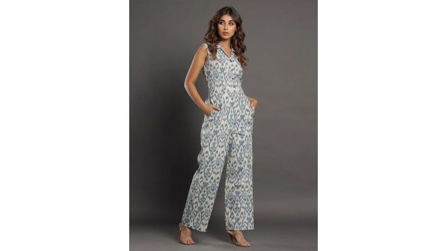 JISORA Women Off‑White & Blue Printed Basic Jumpsuit
