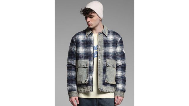Jack & Jones Navy Blue Checked Casual Denim Jacket